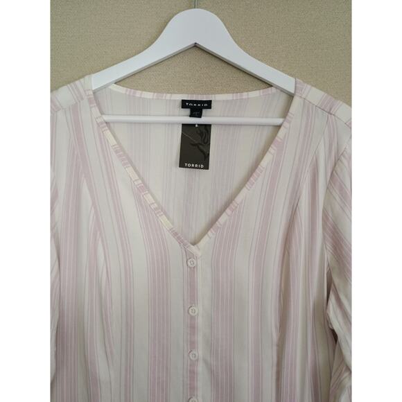 Torrid Shirt Women 1 Purple White Striped Lagenlook Stretch 3/4 Sleeve Button Up - Picture 4 of 8
